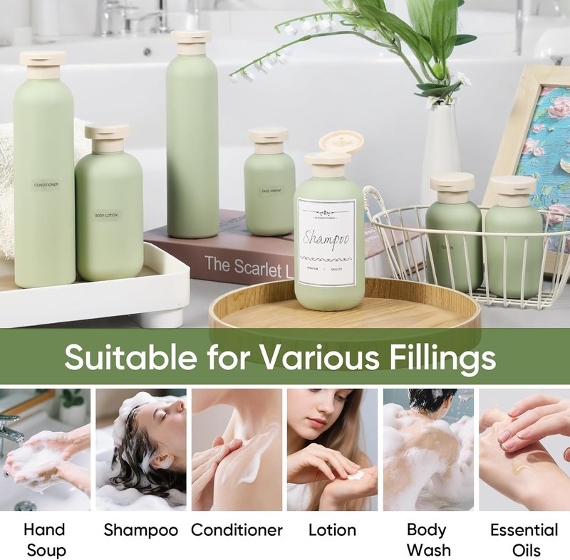 Demora Travel Bottles - Leak Proof 8.8oz Refillable Toiletry Containers | Green, 4 Pack with Flip Caps & Labels