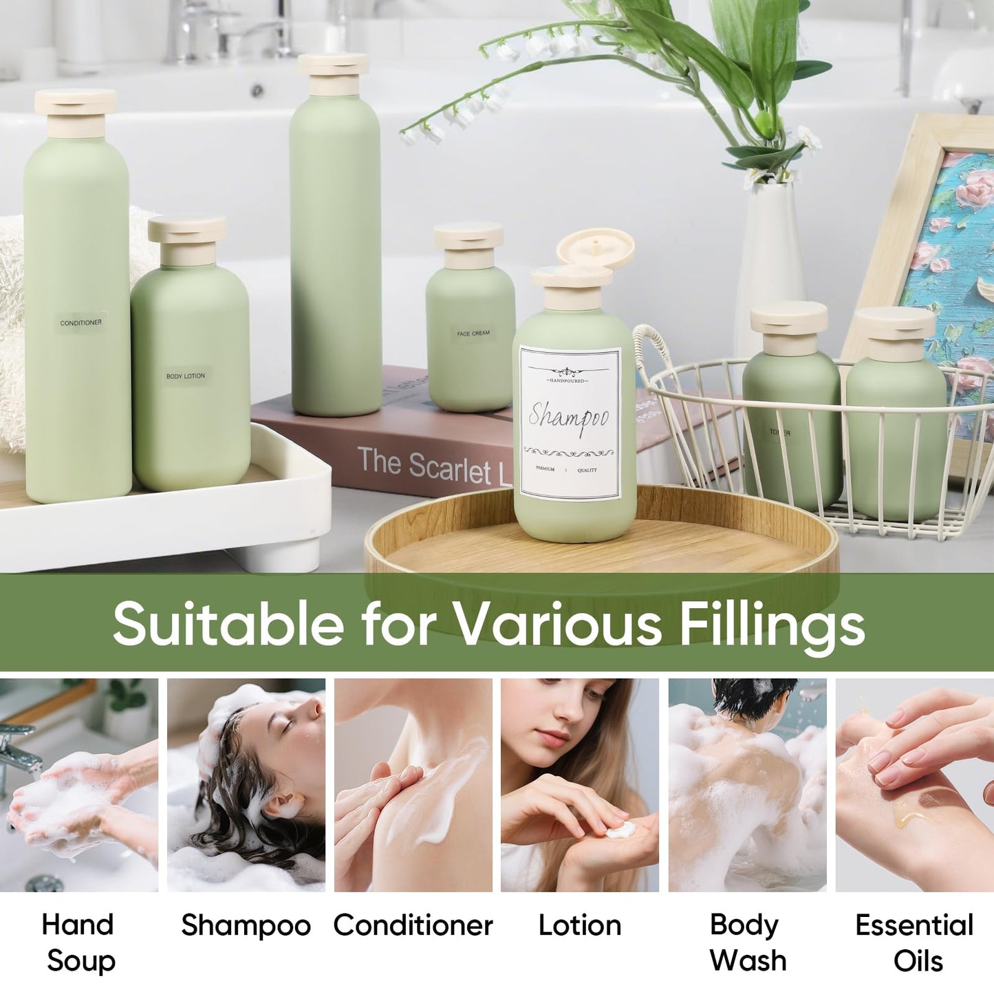 DEMORA 3.4 oz Travel Size Bottles TSA Approved for Toiletries, Leak Proof Plastic Travel Squeeze Bottles Refillable Toiletry Containers with Flip Caps and Labels for Shampoo Lotion (Green, 4 Pcs)