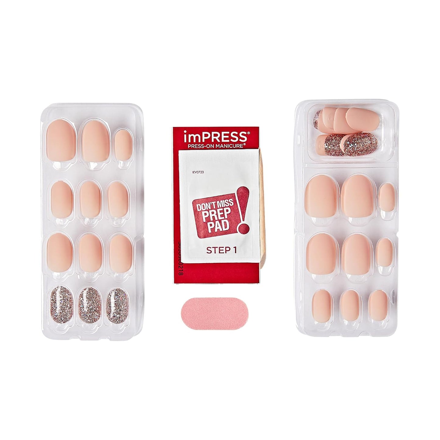 Kiss Impress No Glue Mani Press-On Nails - Evanesce Design, Beige, Short Oval Shape | 30 Nails, Prep Pad & Accessories