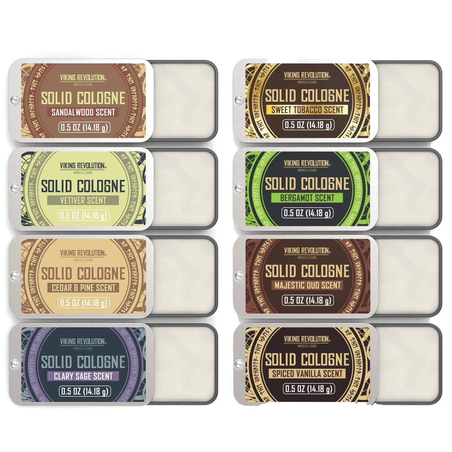 Viking Revolution Solid Cologne Gift Set for Men - 8 Travel Size Scents Including Sandalwood & Cedar Pine | 0.5 Oz Each