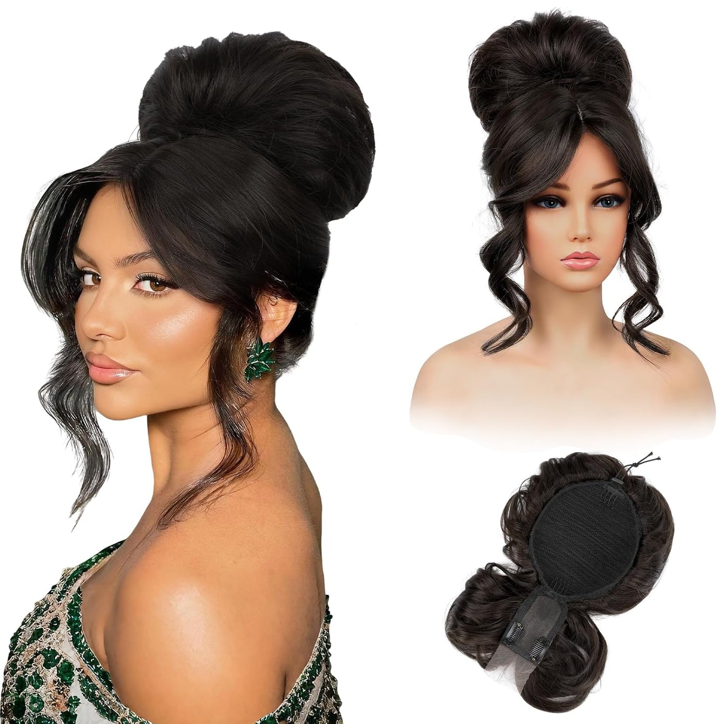 Messy Bun Hair Piece with Bangs - 2-in-1 Drawstring Ponytail Extension & Updo Wig | Natural-Looking Black Hair Topper