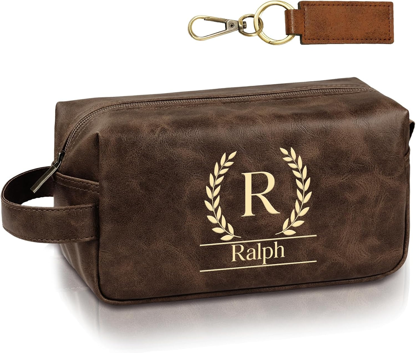 Personalized Leather Toiletry Bag - Custom Travel Shaving Kit for Men | Unique Gift for Husband, Dad, Boyfriend (Yellow Brown)