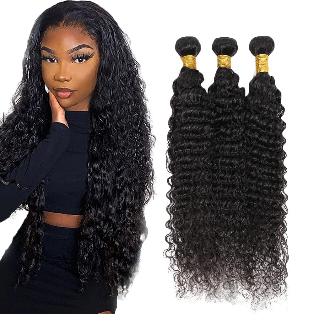 Human Hair Bundles #1B Natural Color Deep Wave Bundles 16 16 16 Inch Unprocessed Brazilian Virgin Hair 3 Bundle 50 Gram Per Bundle Deals Quick Weave Hair Extensions