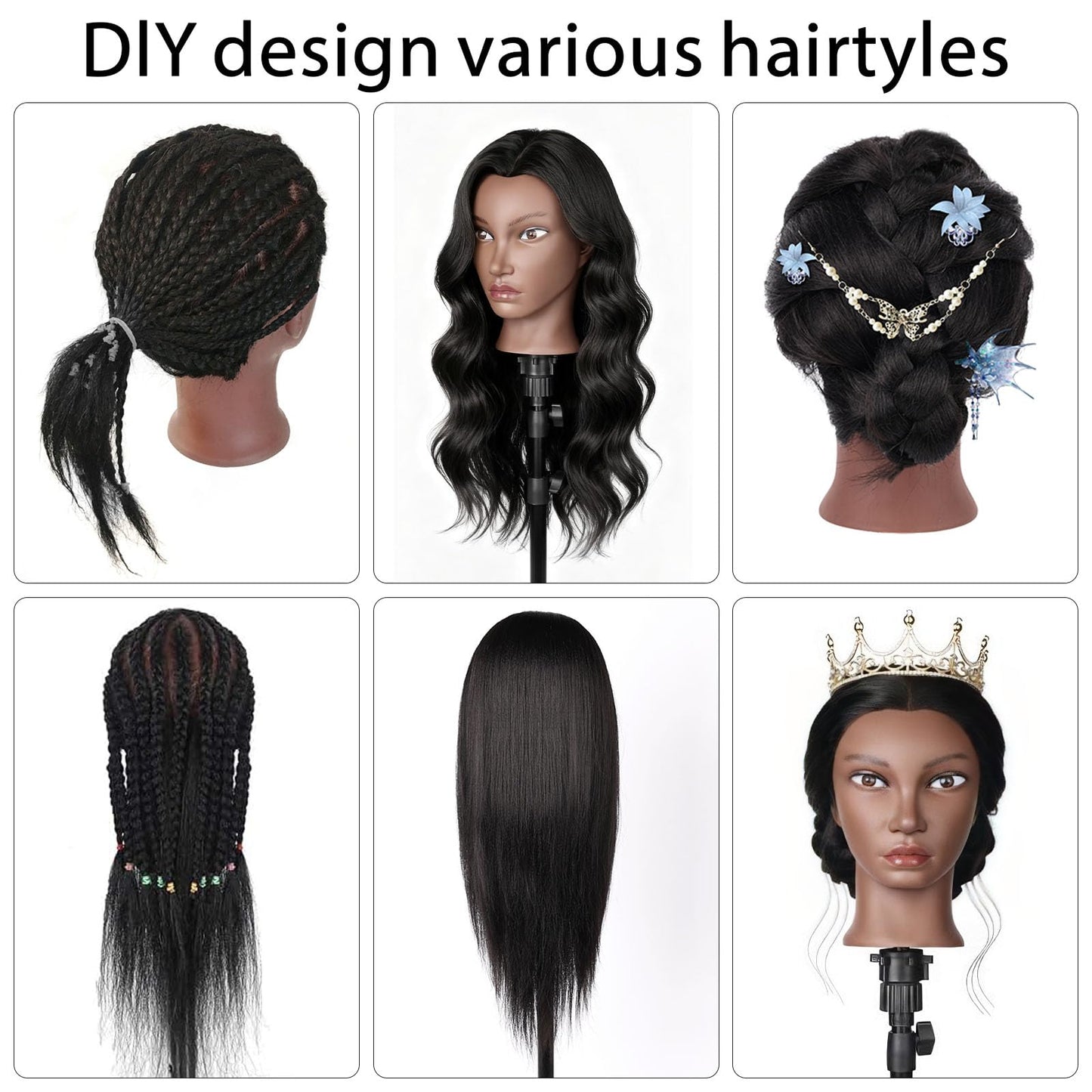100% Real Hair Mannequin Head,TopDirect 26''Black Hairdresser Cosmetology Doll Head Styling,Manikin Heads Hairs Braiding DIY Styling with Clamp Holder and Tools Set