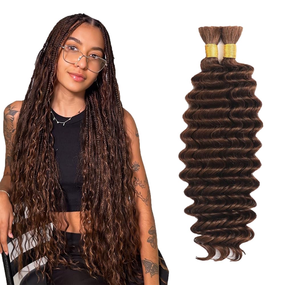22 22 Inch Color 4 Boho Human Hair Braiding Brown Boho Human Hair For Braiding Chocolate Brown Braids Deep Wave #4 Bulk Bohemian Braids 100g