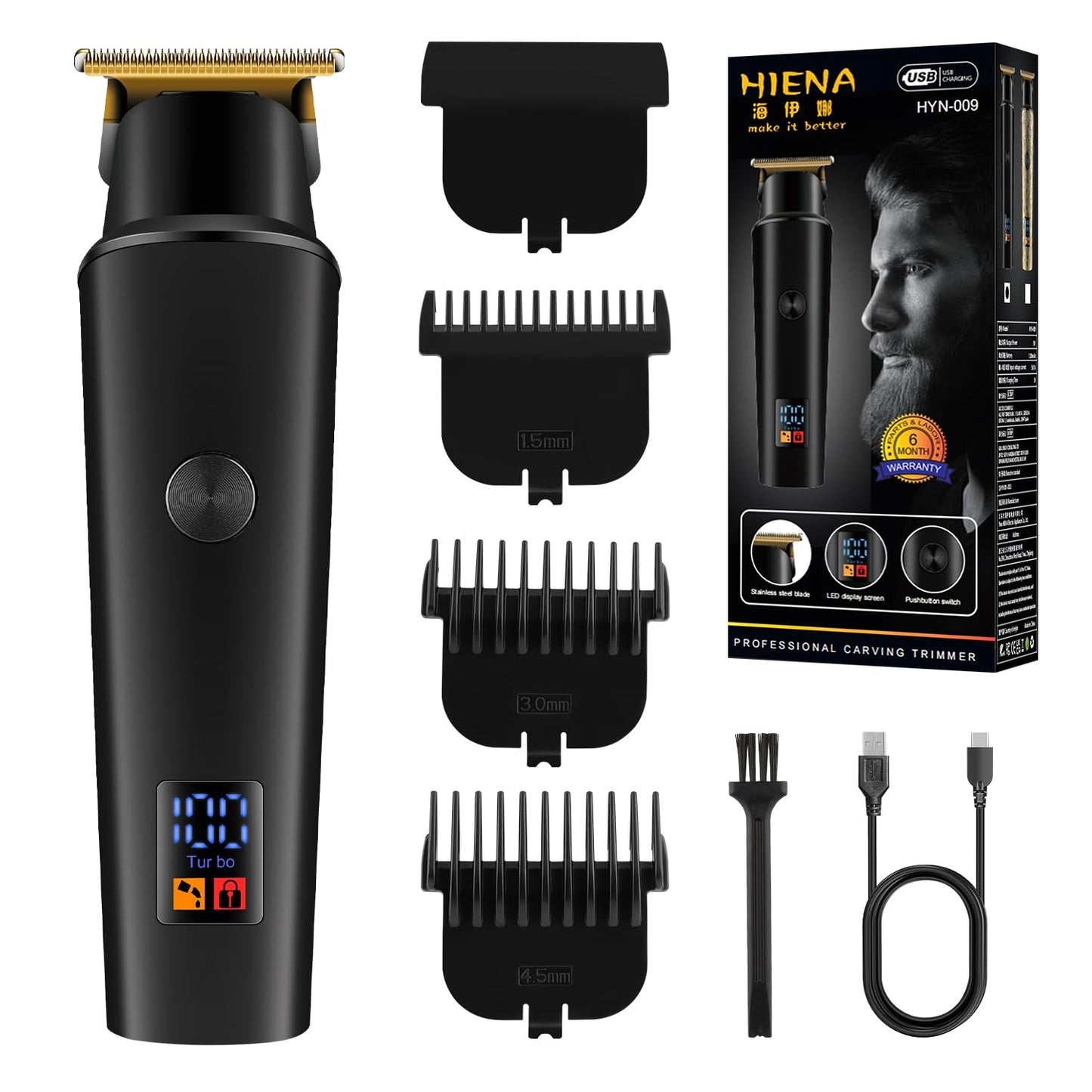 HIENA PRO Hair Trimmers for Men, Cordless Professional Electric Beard Trimmer with LCD Display, Facial T-Blade Trimmer and Grooming Tool, Gifts for Men(Black)