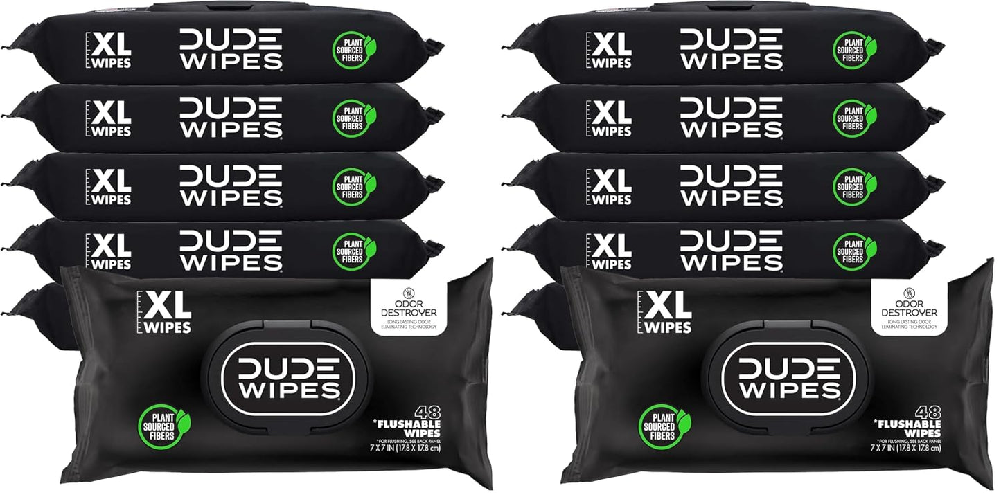 Dude Wipes Unscented Flushable Wipes - Extra-Large Adult Wet Wipes for Sensitive Skin | 6 Pack (288 Count) with Vitamin E and Aloe