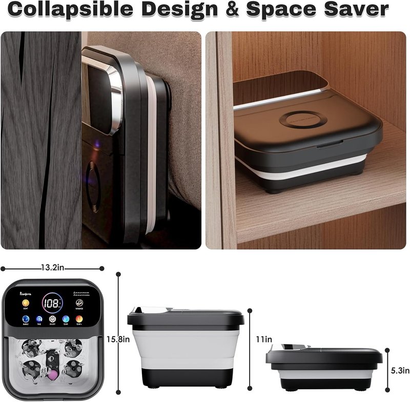Electric Foot Spa with Touchscreen Display - Collapsible Heated Bath & Remote Control | 24 Shiatsu Massage Balls (Black)