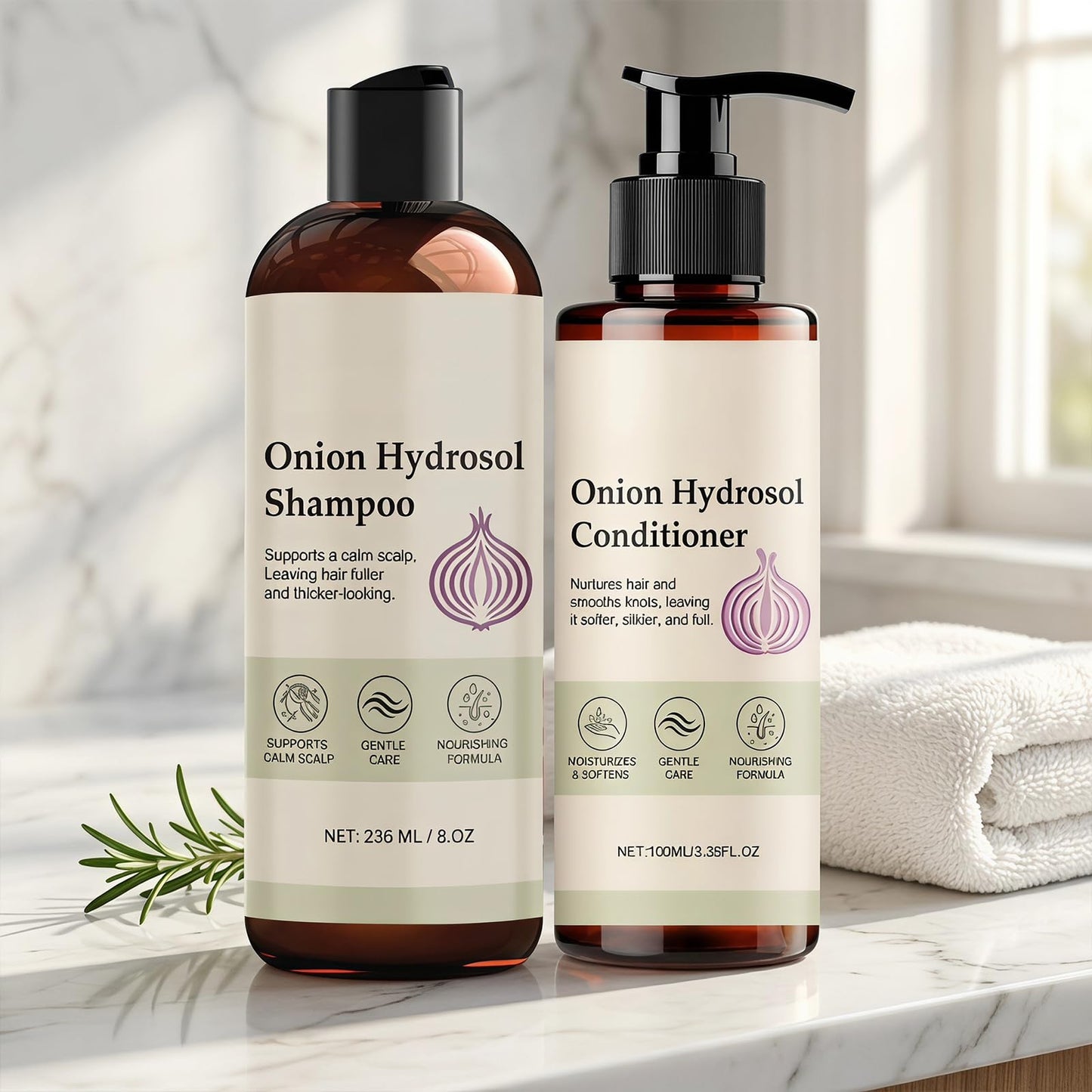 Onion Hydrosol Shampoo and Conditioner Set for Hair Growth, With Rosemary & Biotin, Strengthens Weak Hair, Adds Volume & Shine, Safe for All Hair Types, Men & Women (2 Pack)