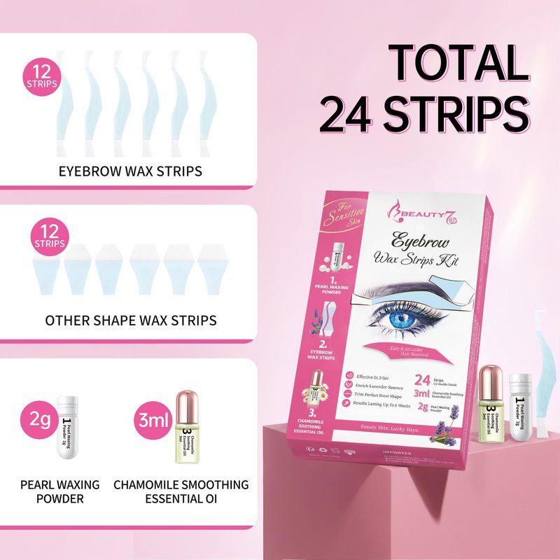 Beauty7 Sensitive Eyebrow Wax Strips, Eyebrow Waxing Strips 24 Strips with Pearl Powder Essential Oil for Sensitive Skin for Women