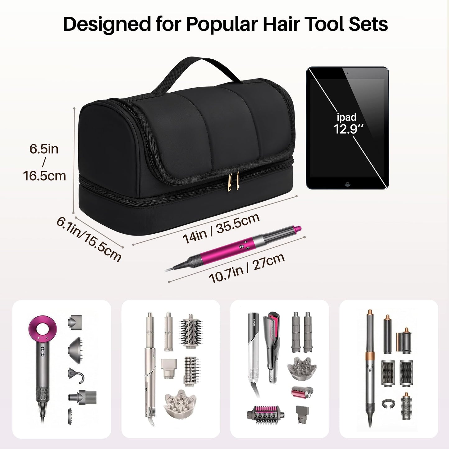 Noldena Hanging Hair Tool Organizer for Dyson Airwrap and Shark FlexStyle, Water-Resistant Travel Case with Removable Divider, Storage Bag for Attachments, Black