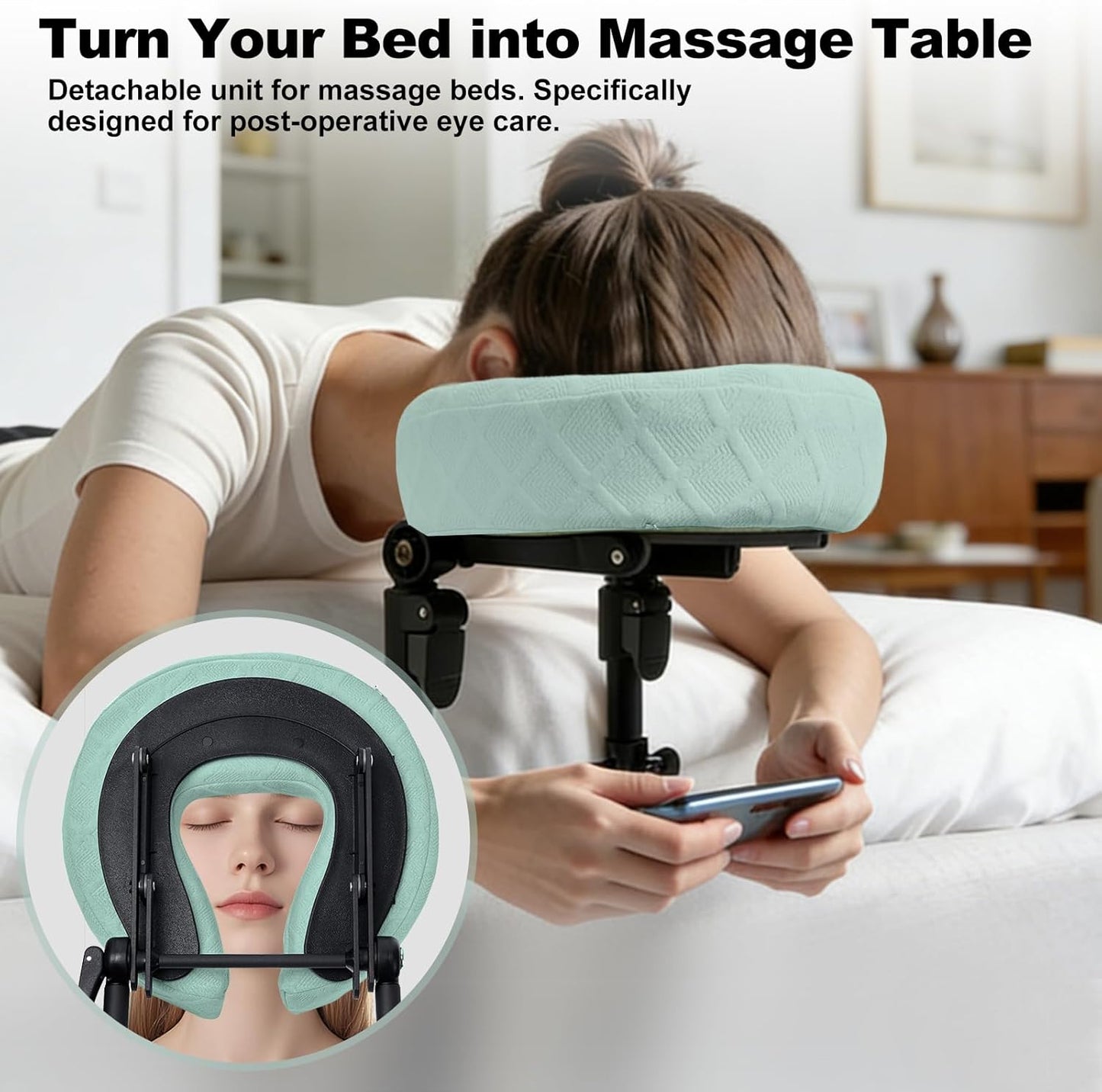 Massage Headrest for Bed - Adjustable Height Memory Foam Face Cradle | Washable Pillowcase (Green)