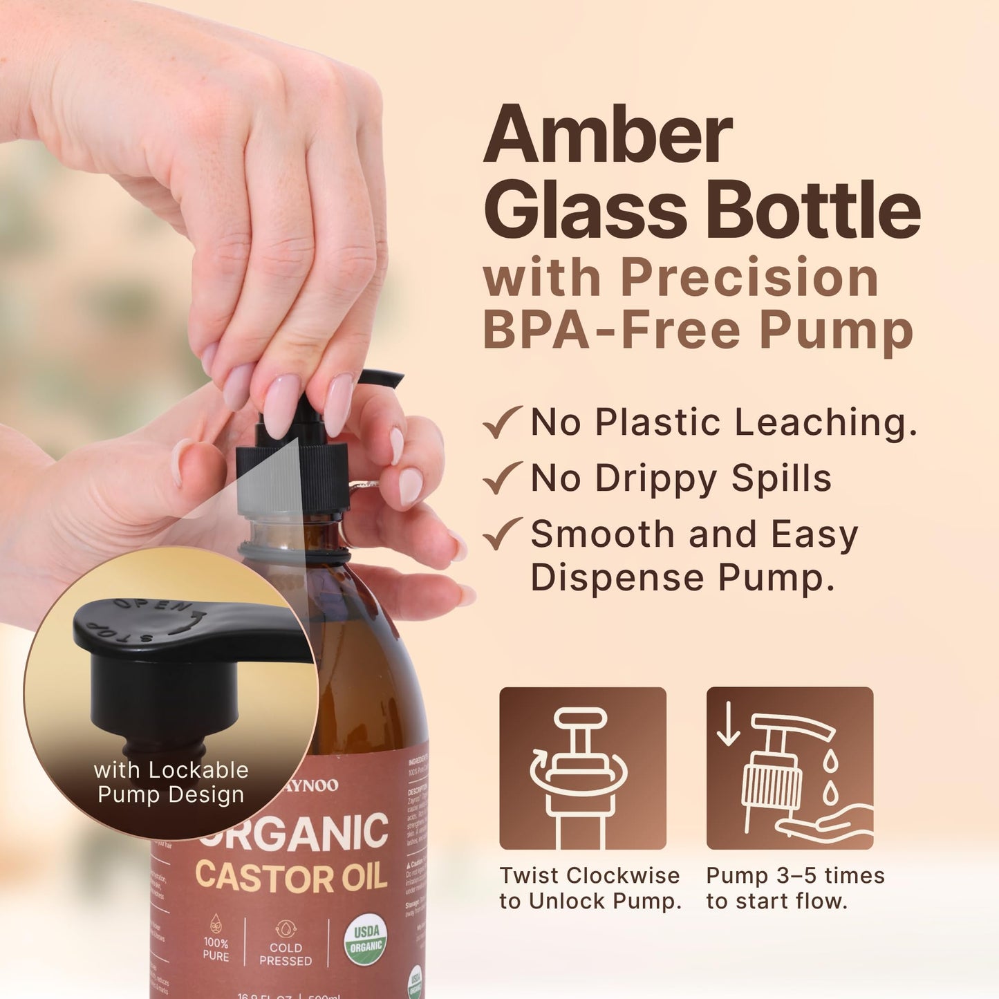 USDA Organic Castor Oil 16.9 fl oz/500 ml Cold Pressed, Hexane Free, Vegan, 100% Pure for Hair Growth, Face, Skin, Lashes, Brows, Body Massage, Aceite de Ricino in Glass Bottle with BPA-Free Pump