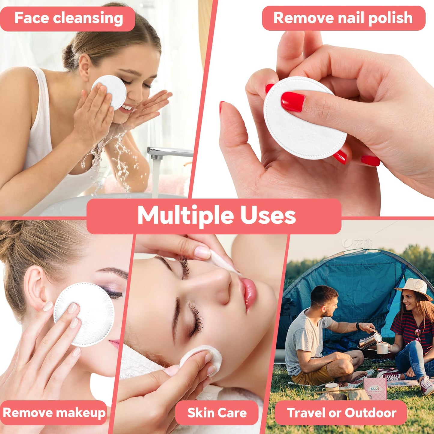 ICOTLE 100% Pure Cotton Round Pads for Face (210), Lint-Free Makeup Remover Pads, Soft, Absorbent, Hypoallergenic, Multi-Layer Design for Cleansing, Skincare and Nail Polish Removal