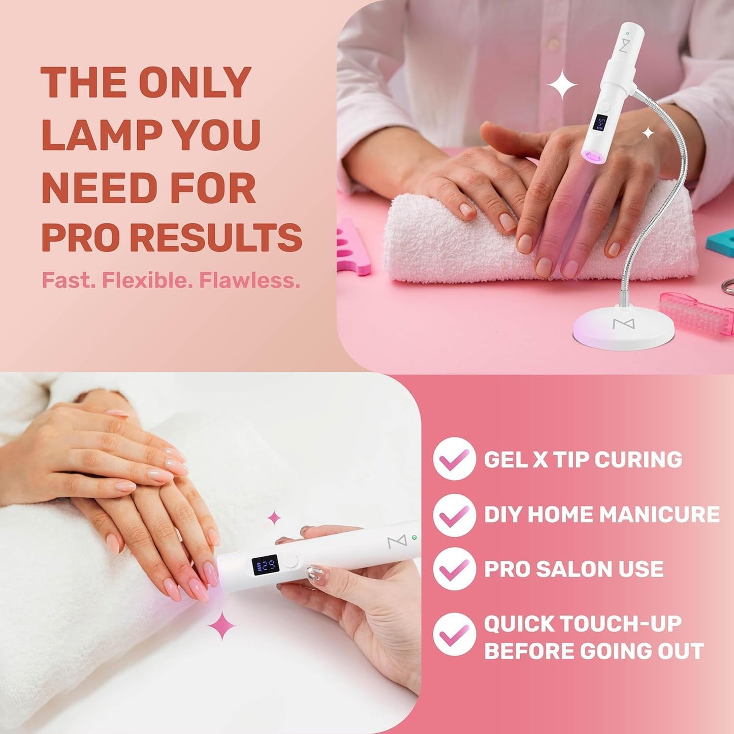 GlamCure GO Nail Flash Cure Lamp - LED & UV Touch Screen Nail Light for Gel & Acrylic Nails | Portable Adjustable Design (Red)