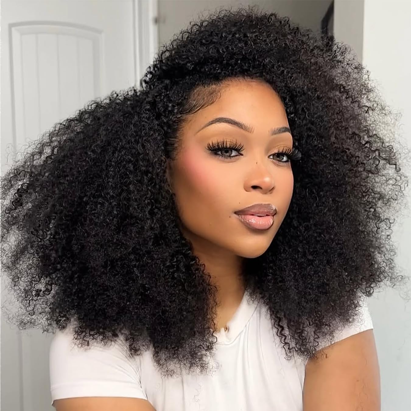 Afro Kinky Curly Half Wig - 18 Inch Glueless Drawstring Band | Seamless Flip Over for Easy Wear
