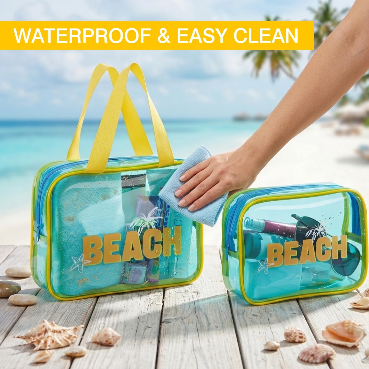 COSHAYSOO 2 Pcs Clear Sunscreen Bag with Letter, Waterproof PVC Beach Bag, Summer Beach Vacation Essential, Spf Pouch Accessories, Large Sun Screen Bag for Travel, Pool Gift for Women Teen Girls(Blue)
