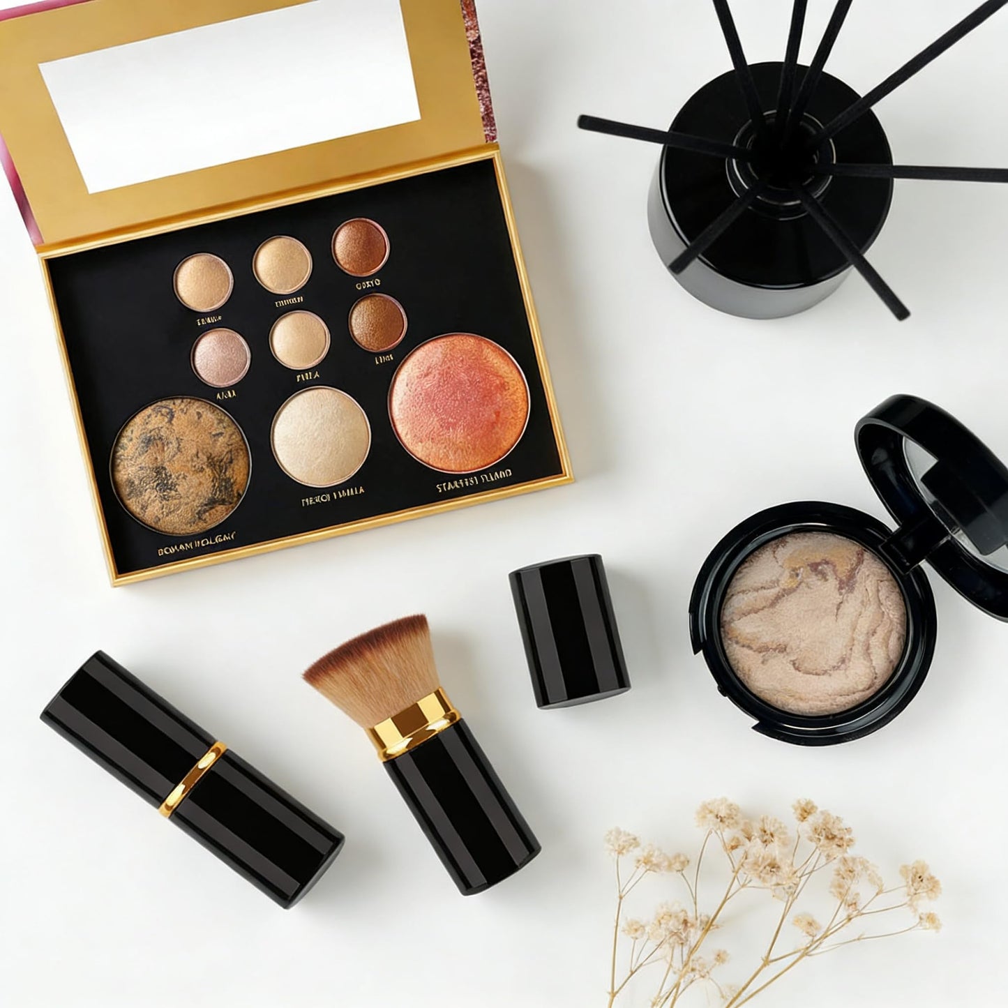 K'APEINE Baked Makeup Kit for Women - 9Colors Shimmer Eyeshadow Bronzer Blush Palette, Baked Pressed Powder Foundation & Retractable Blush Brush, Long-Lasting & Pigmented Travel Makeup Set-01