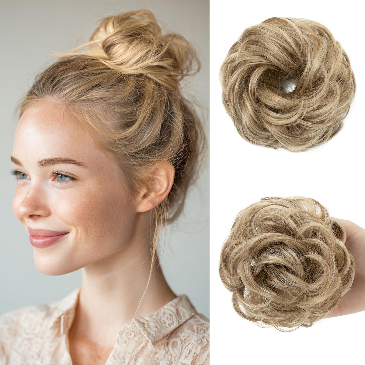 Small Messy Bun Hair Pieces for Women - Synthetic Curly Mini Scrunchies | 2PCs Dark Brown