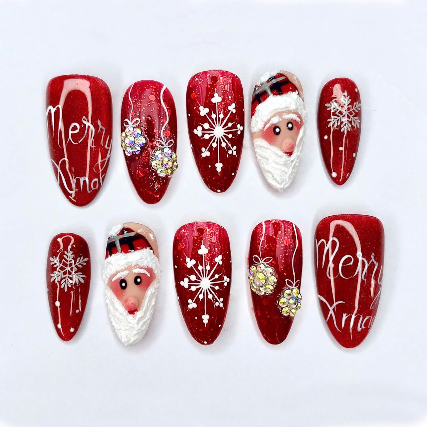 Christmas Press-On Nails - Medium Almond Winter Snowflake Design | 24 Pcs Acrylic Full Cover with Diamond Accents