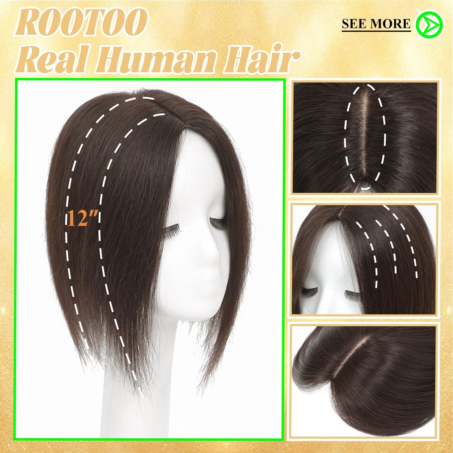 Real Human Hair Toppers for Women - 14 Inch Clip-In Curtain Bangs | Dark Brown, 360° Coverage