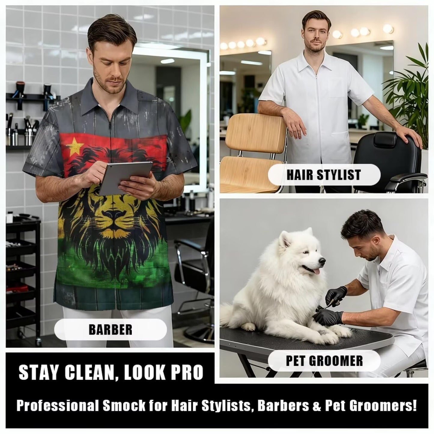 Srengjodk Waterproof Hairdresser Apron, Multiple Pockets Professional Salon Spa Hair Stylist Vest Cosmetology Apron Pet Groomer Work Clothes Jamaican Shirts Lion Print L 2XL