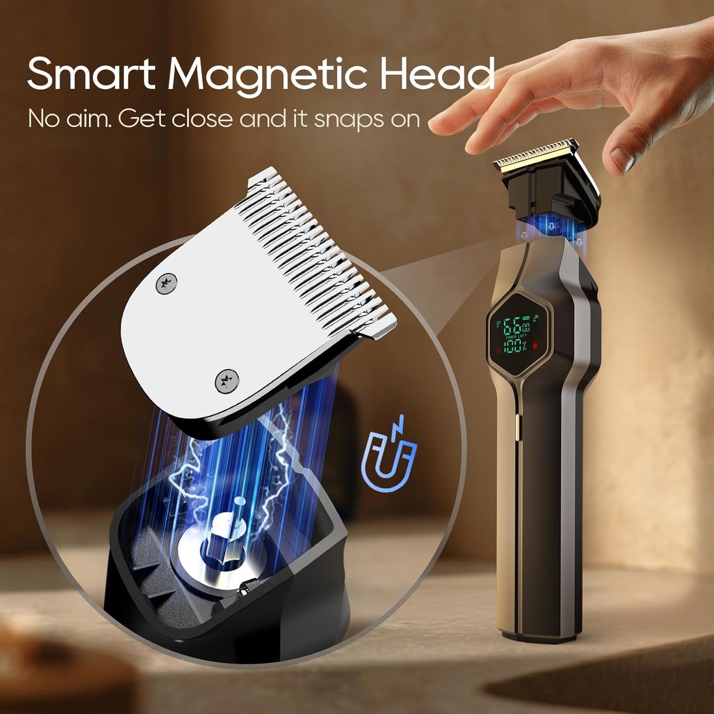 Beard Trimmer for Men - IPX7 Waterproof Cordless Hair Clippers with Magnetic Snap-On Heads | Grooming Kit for Mustache, Body, Face, Ear, Nose - Gray