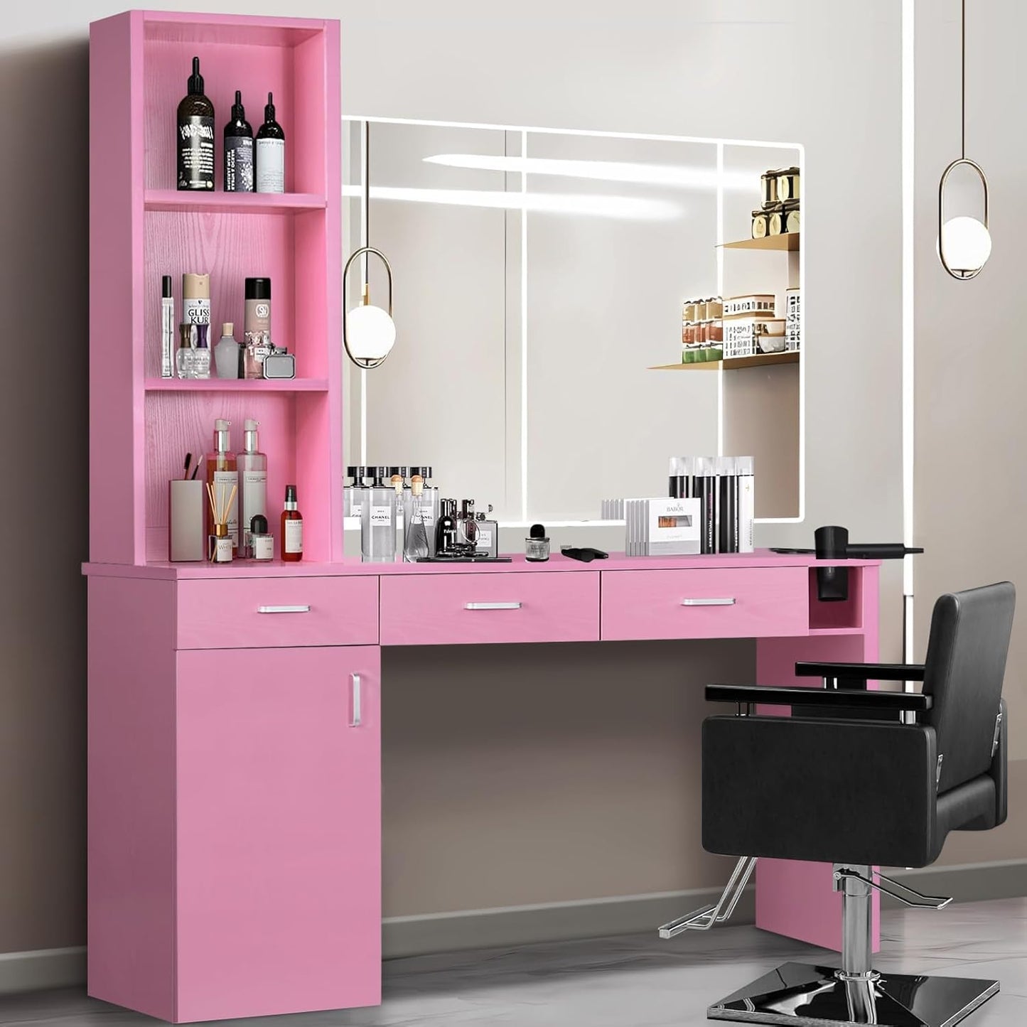 Salon Stations for Hair Stylists - Black Barber Station with 3 Hair Dryer Holders, 3 Drawers & Cabinet | Modern Design