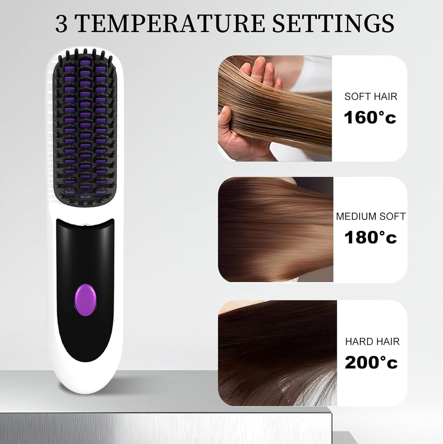 Portable Straightener Brushs for Travel, with LCD Temperature Display, Fast Heating Cordless Mini Hair Brushs (White)