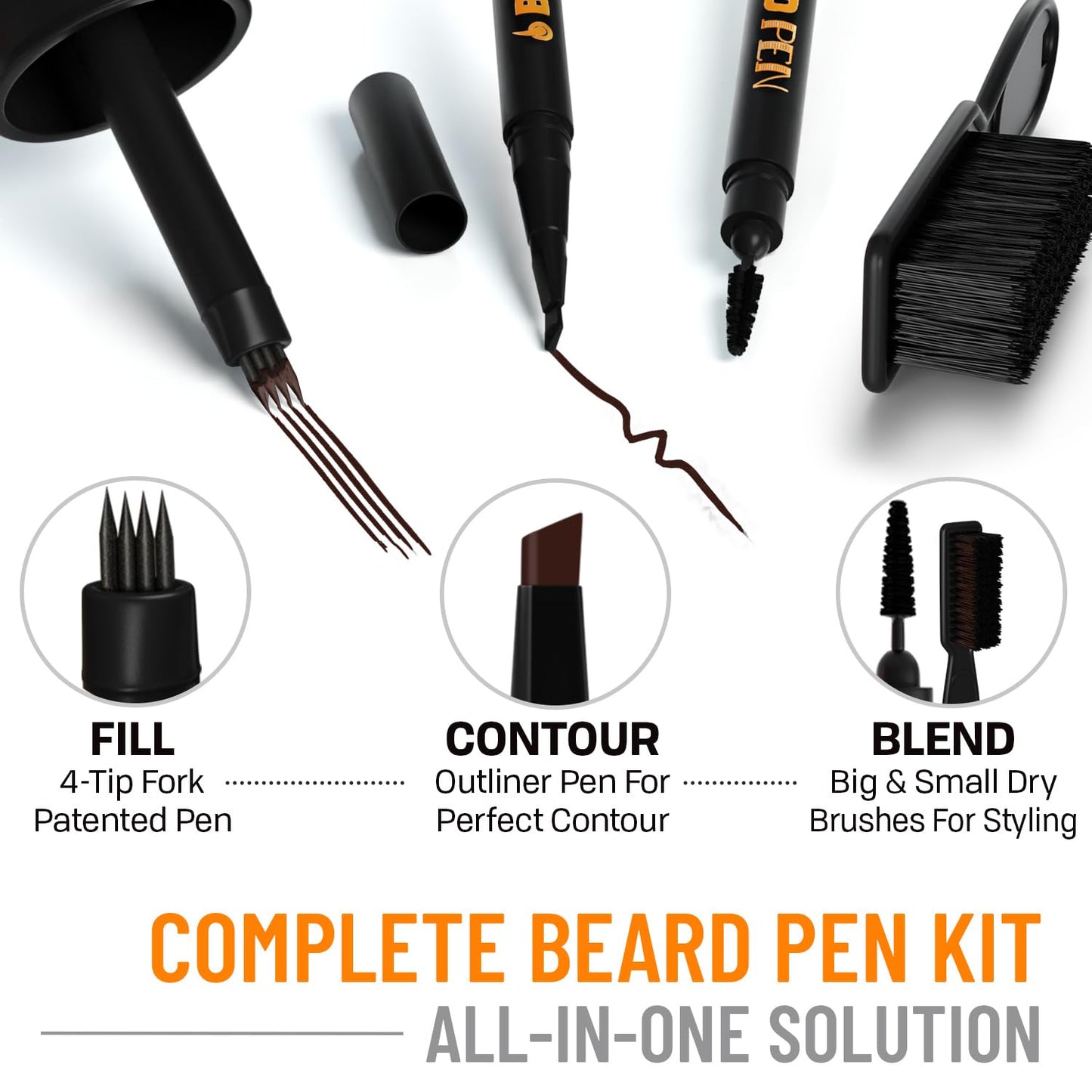 FOLLICLE BOOSTER Beard Pen Filler Styling Kit for Men - 3-in-1 Filling Set with 4-Tip Fork, Normal Pencil, and Brush - Waterproof, Sweatproof & All-Day Hold - Medium Brown