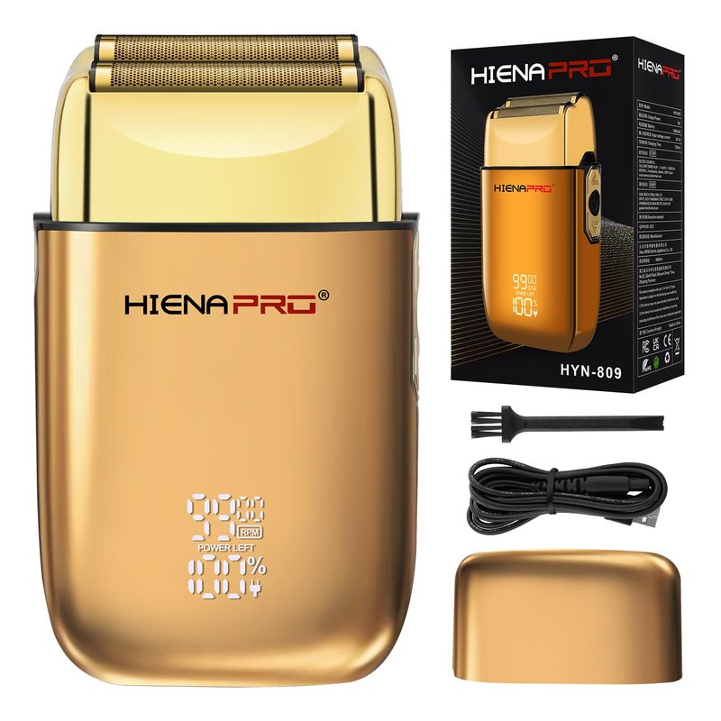 HIENA PRO Foil Shaver for Men Barber, Double Electric Foil Trimmer, Professional Electric Razor, Close Shaver, Cordless Rechargeable with USB, Detachable Design, LED Display, Gold