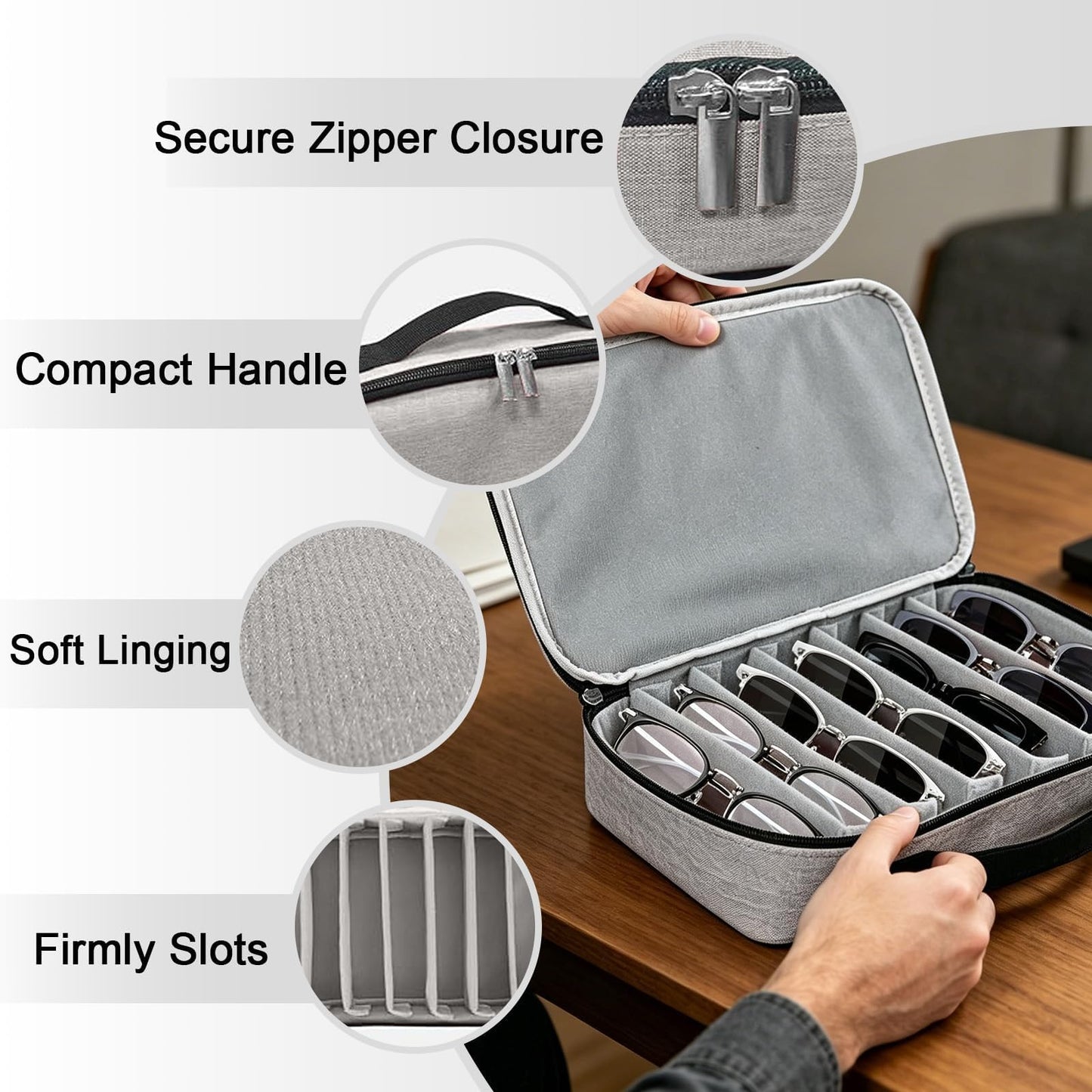 Travel Sunglasses Organizer Glasses Case Multiple Pairs Adjustable Slots Portable Eyeglasses Case Storage Box for Men Women (grey)