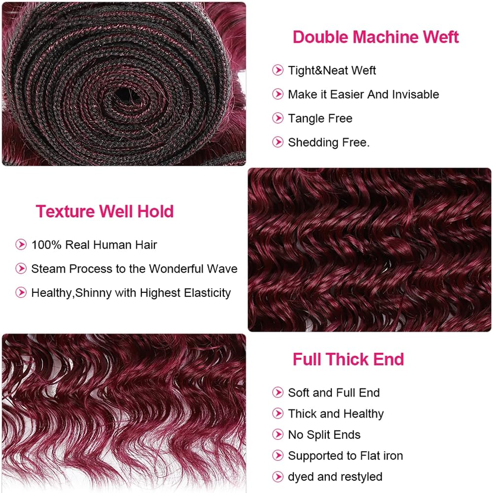 #99J Bundles Human Hair Deep Wave Bundles 18 Inch Burgundy Deep Wave Bundle Unprocessed Brazilian Virgin Weave Hair 1 Bundle 50 Gram Per Bundle