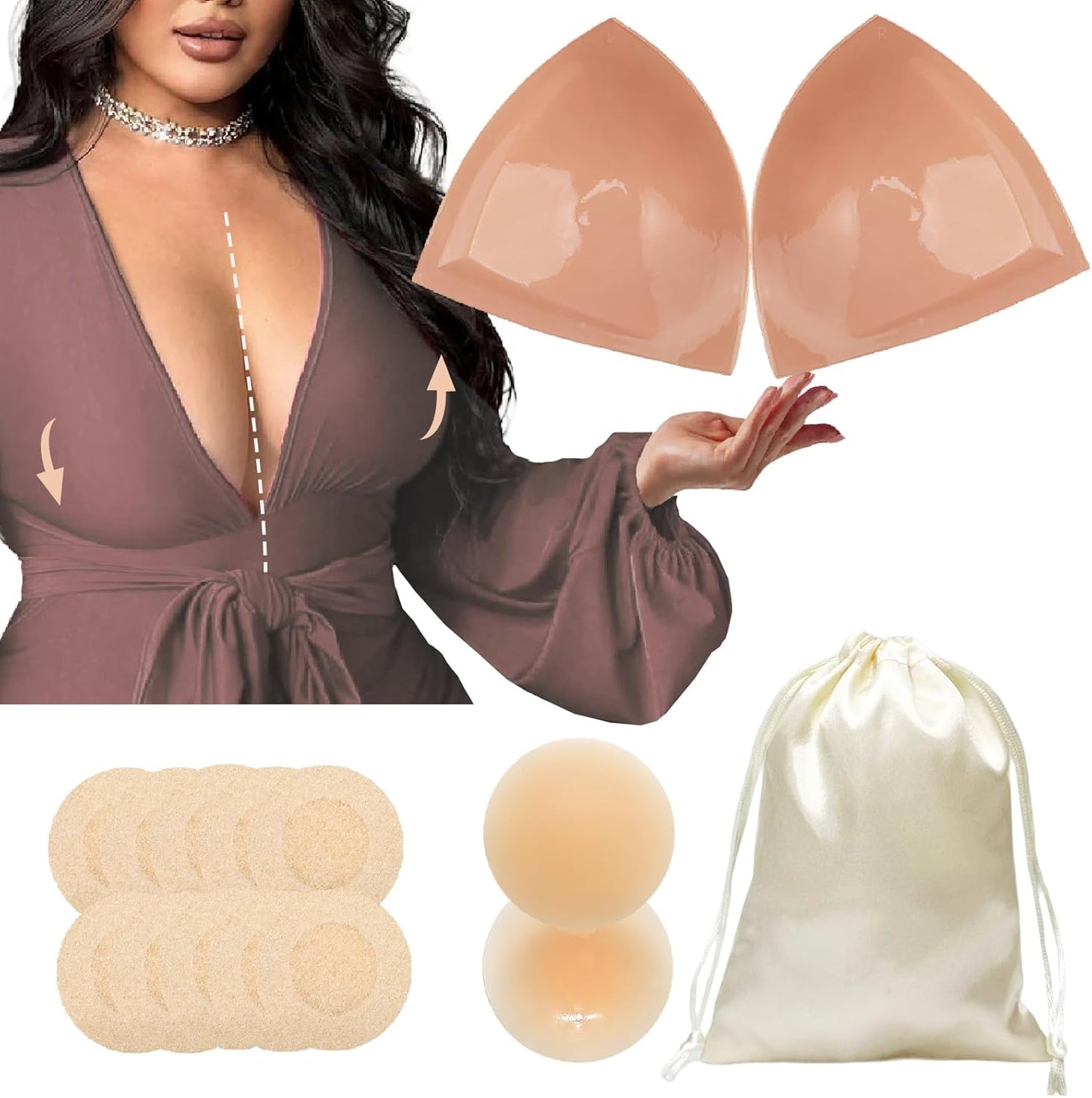 Double-Sided Sticky Bra Inserts - Lightly Padded Push-Up Adhesive for Large Busts | Reusable & Invisible Design