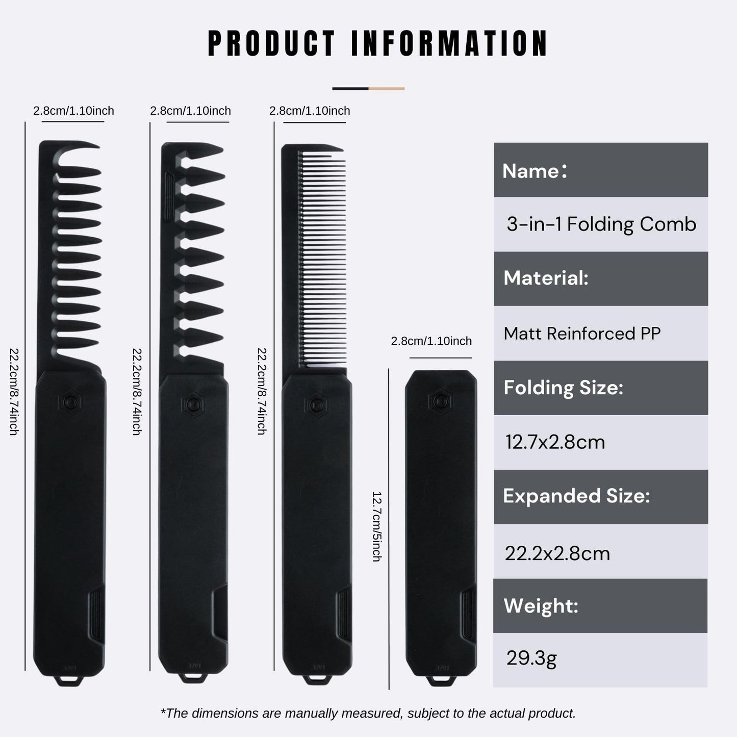 Protable Folding Pocket Comb for Men, 3 in 1 Hair Comb - Fine Tooth & Wide Tooth Comb, for Everyday Grooming & Combing Hair, Beards and Mustaches (Black)