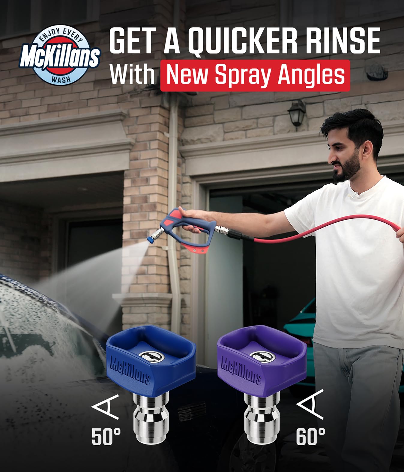 McKillans® 2026 Soft Pressure Washer Nozzle Tips - Fast Rinse - New Spray Angles 60° 50° 40° 25° 15° - Easy-Grip Design - 304 Stainless Steel - 1/4" Quick Connect - Power Washer Tips Set (2.5 Orifice)