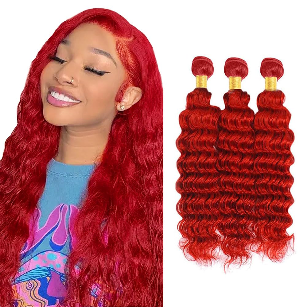 Burgundy Deep Wave Bundles Red Human Hair Bundles 28 30 32 Inch 8A Grade Peruvian Virgin Remy Hair 3 Bundles Fire Red Bundle Hair Weave 300g