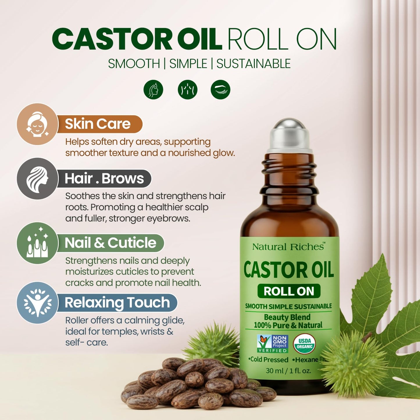 Organic Castor Oil Roll-On - 100% Pure, Cold Pressed, Hexane Free | 1 fl oz Glass Bottle with Roller Ball Applicator