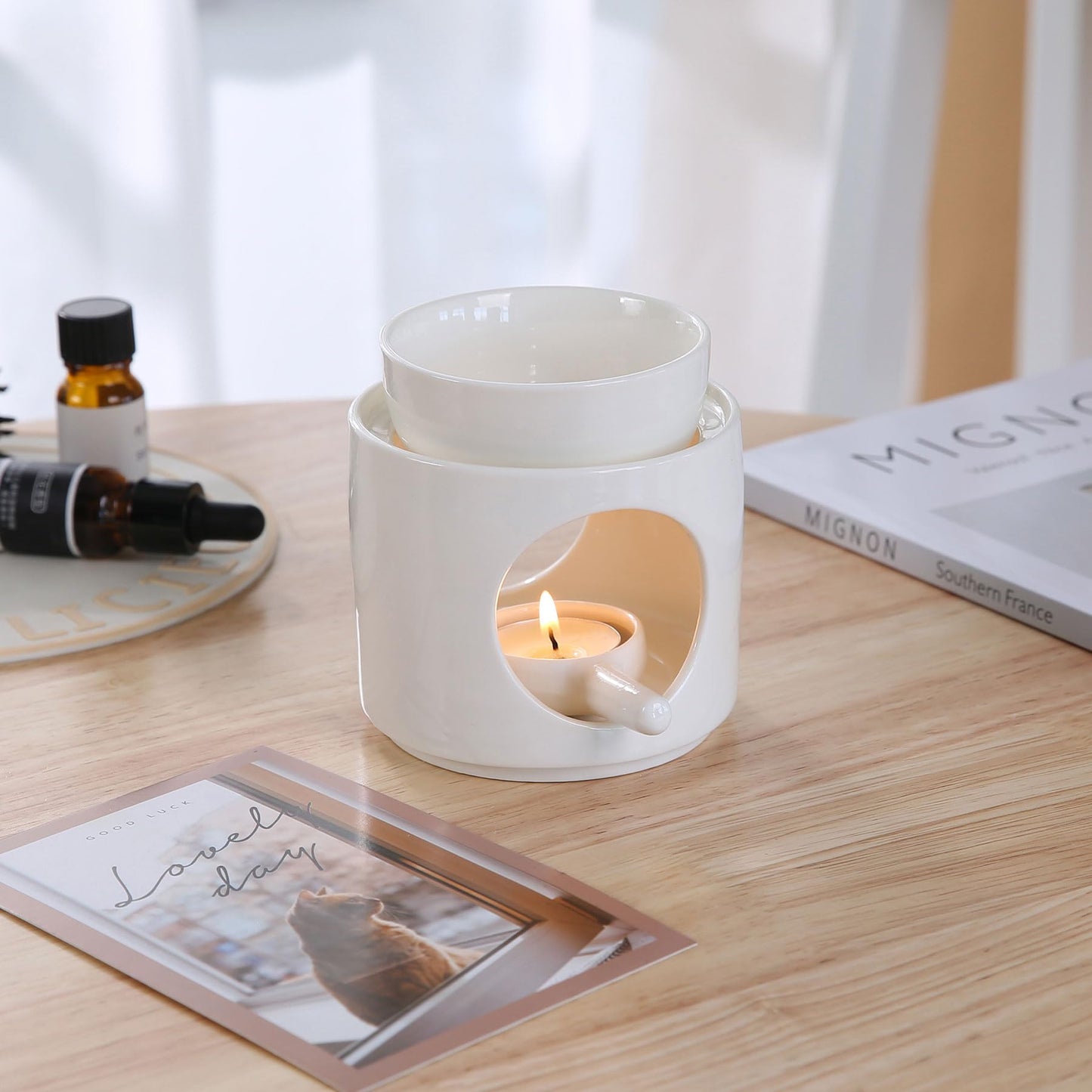 Auxmeware - Essential Oil Burner for Scented Oil, Oil Warmer, Tealight Wax Melt Warmer, Candle Diffuser, Tea Light Holder, White