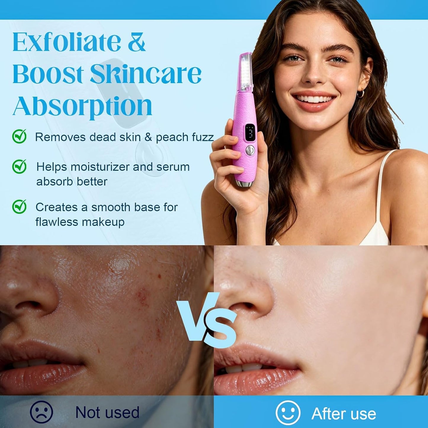 Sonic Dermaplane Razor - Rechargeable Face Exfoliation Tool with 12 Blades | LED, 3 Speeds, Pink