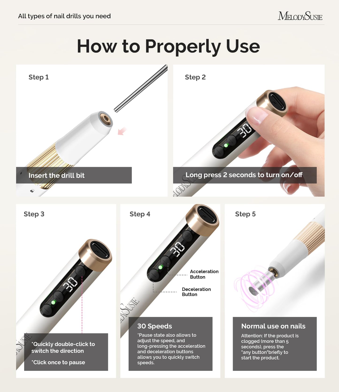 MelodySusie Pen-Shaped Ultra-Slim Cordless Nail Drill,PM180G 30000RPM Portable Rechargeable Electric File with Rotary Lock Design for All Manicure,Shaping & Acrylic Gel Removal for Advanced Home Use
