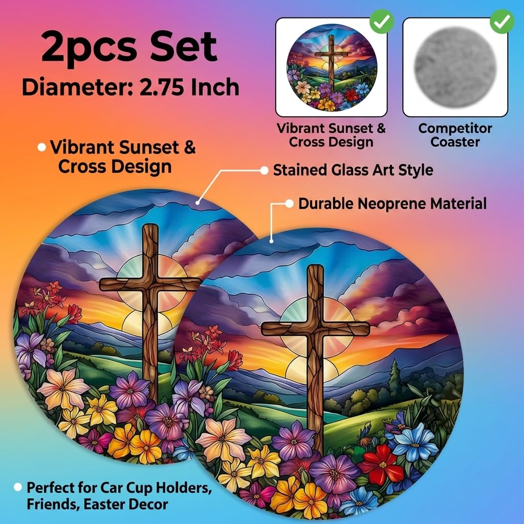 2pcs Floral Cross Car Coasters - 2.75 Inch Sunset & Cross Design, Durable Car Interior Accessories for Car Cup Holder Coaster for Friends Vibrant Sunset Easter Decor