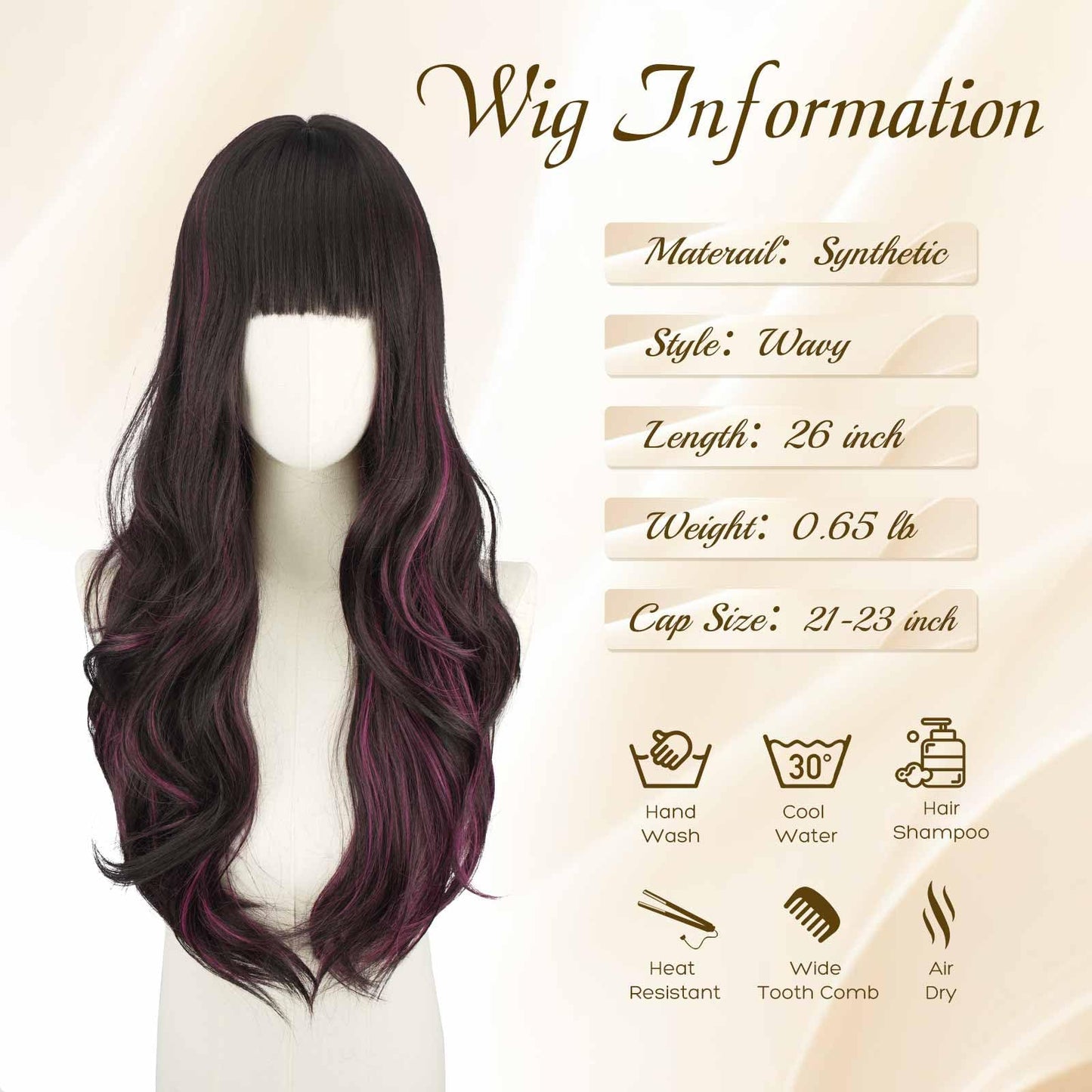 Haloo Brown Wigs with Bangs - Long Layered Natural Looking Synthetic Heat Resistant Wavy Hair Wigs for Women Daily Party, 26 Inch Black Brown Mixed Pink
