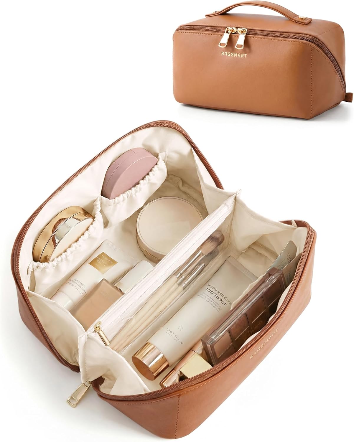 Makeup Bag - Large Travel Cosmetic Organizer | PU Leather Toiletry Case for Women - Classic Brown