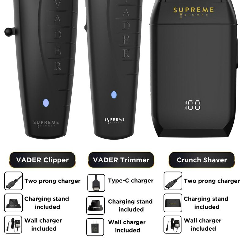 Supreme Trimmer 3-in-1 Barber Kit | Vader Clipper, Vader Trimmer & Crunch Foil Shaver | Men's Professional Beard Trimmer, Brushless Motor Clippers & Waterproof IPX6 Shaver | Black