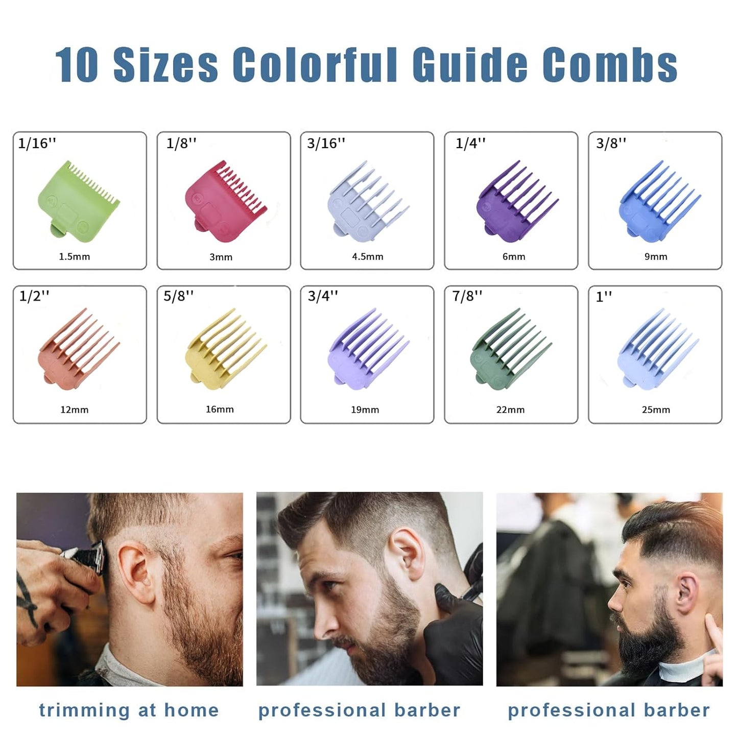 Color-Coded Hair Clipper Guards - 10 Pcs Cutting Guide Combs for Wahl & Surker | Lengths 1/16" to 1" (1.5mm to 25mm)