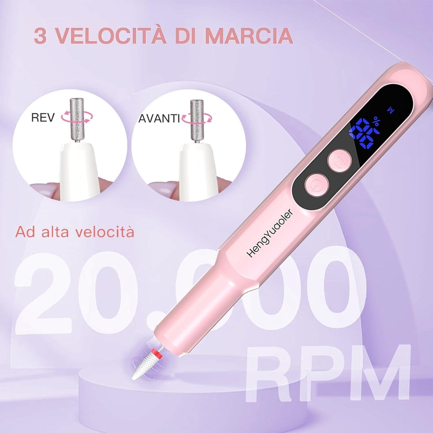 Cordless Electric Nail Drill - Professional 3 Speed Efile Kit for Acrylic & Gel Nails | USB Rechargeable, 20000 RPM, Pink