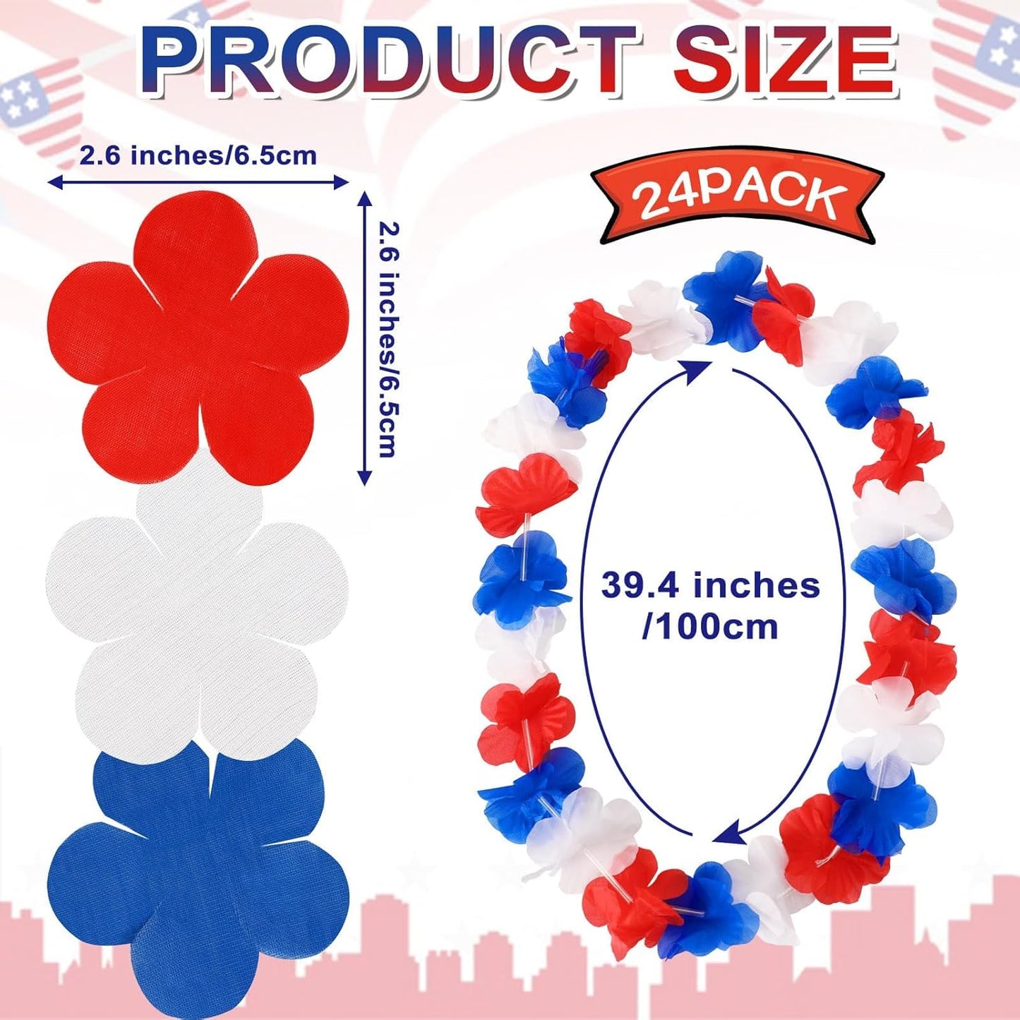 Patriotic Leis - 24 Pack Red White and Blue Flower Necklaces for 4th of July | Hawaiian Luau Decorations