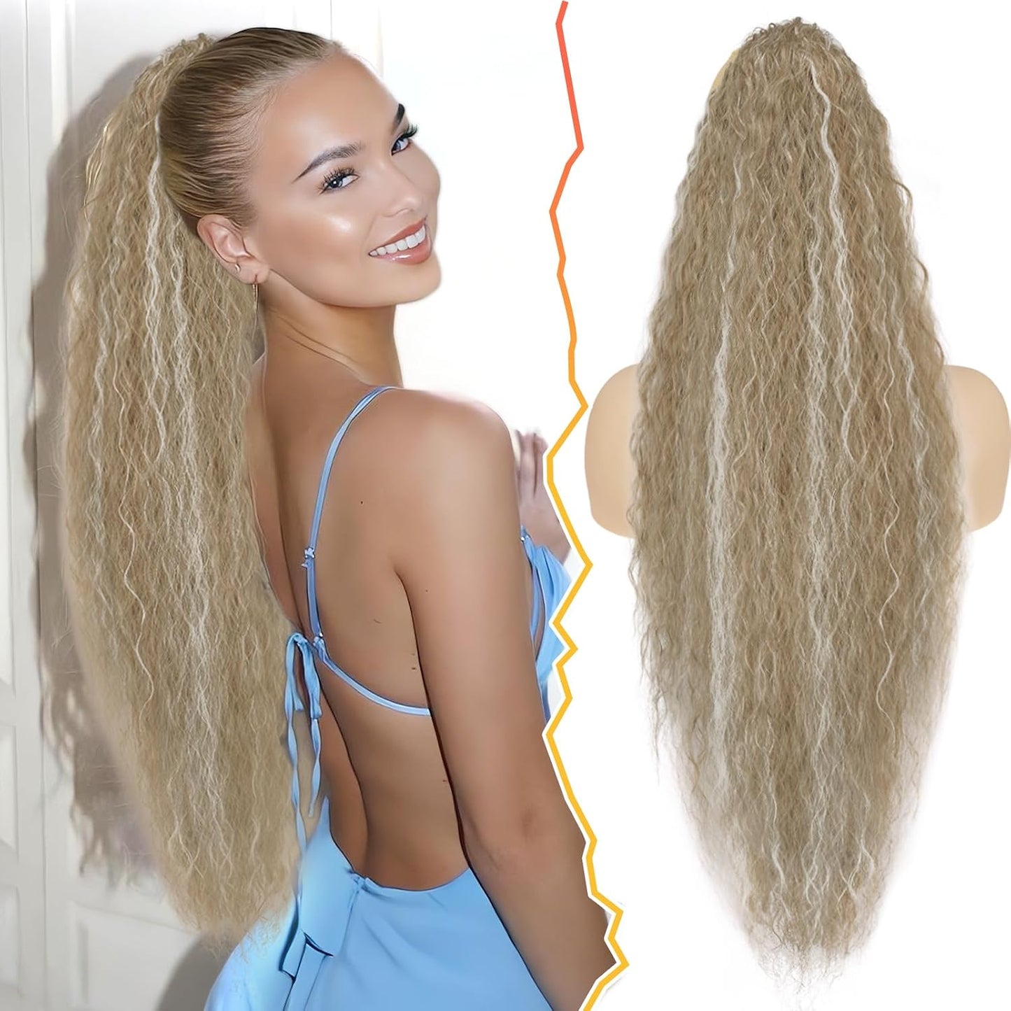 22 Inch Black Curly Wavy Drawstring Ponytail Extension - Synthetic Clip-In Hairpiece for Voluminous Bohemian Style