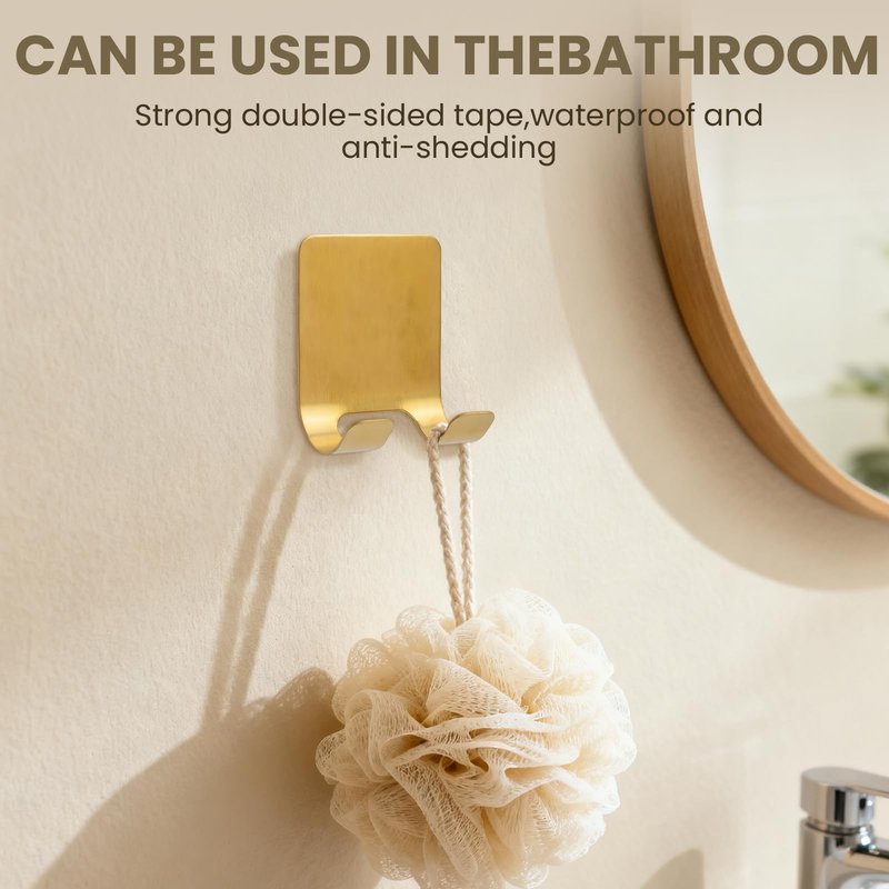 Glirops 4-Pack Gold Self-Adhesive Bathroom Hooks - 4lb Heavy Duty Waterproof Stainless Steel Wall Hooks for Shower Razor Towel Hanger Kitchen Organization